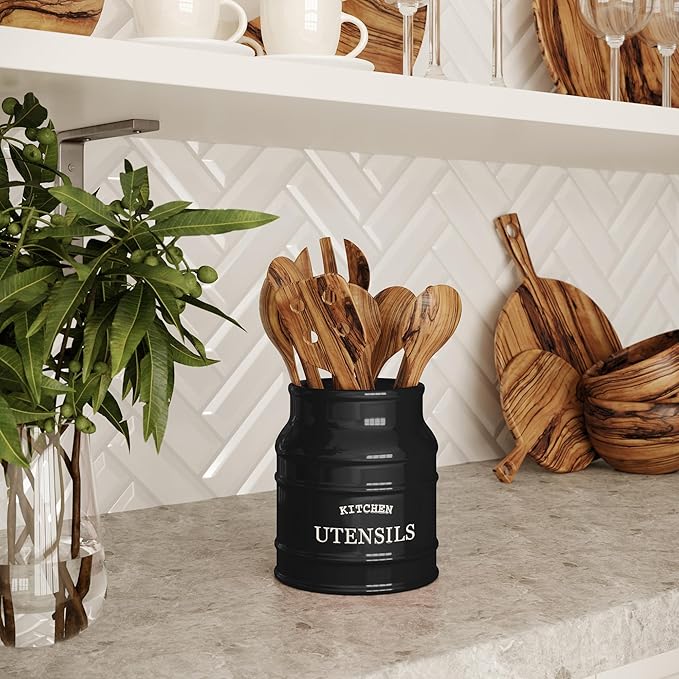 Barnyard Designs Ceramic Farmhouse Utensil Holder for Kitchen Counter, Large Rustic Utensil Crock, Countertop Cooking Tool Spatula Organizer, 6.75” (Black)