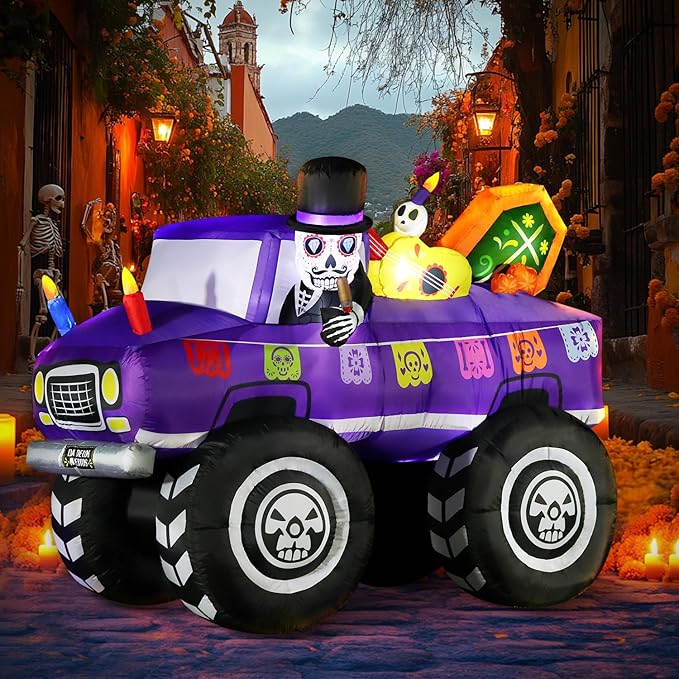 DomKom 7FT Halloween Inflatable Blow Up Decorations, Dia de Los Muertos Day of Dead Catrina Skulls Monster Truck, Built-in LEDs for Holiday Party, Garden, Lawn, Yard, Patio Décor