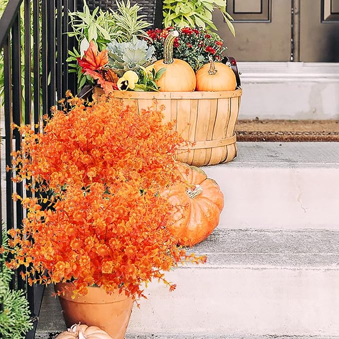 Agusbagli 10Pcs Artificial Fall Flowers Outdoor Autumn Fake Daisy Flowers UV Resistant Faux Plastic Greenery Shrub Plants for Wedding Home Garden Window Box Fireplace Thanksgiving Decor Orange