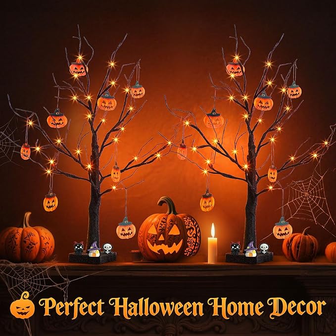 PEIDUO Set of 2 Halloween Trees, 2FT 24LED Lighted Black Glitter Tree with Timer & Pumpkin Ornaments, Battery Operated Halloween Decorations Indoor for Home Table Room Decor