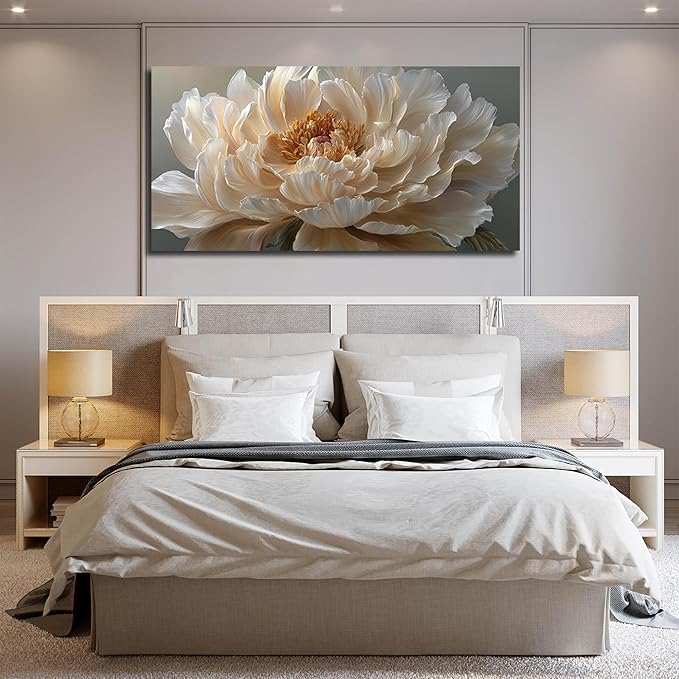 Ouzzlie Large Flower Canvas Wall Art Floral Wall Decor Light Yellow Peony Picture Art for Bedroom Living Room Office Modern Artwork Posters 29" x 59"