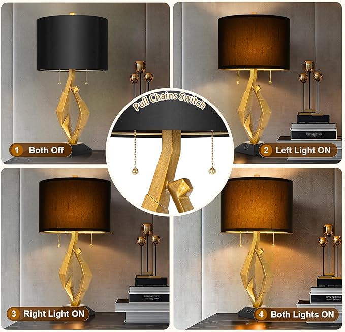 Sculptural Table Lamp Set of 2 with USB Ports For Living Room, Gold Leaf Finish Farmhouse Bedside Lamps with S Cluster Pull Chains Switch for Bedroom, Rustic Nightstand Lamp for Office, Hotel, Bar