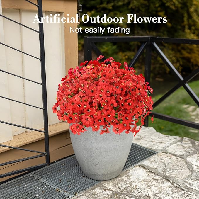 20 Bundles Artificial Flowers for Outdoors Decorations, Fake Flowers Faux Plants Silk Colorful Daisy Eucalyptus Flowers Realistic UV Resistant for Garden Patio Porch Box Home Decor (Red)
