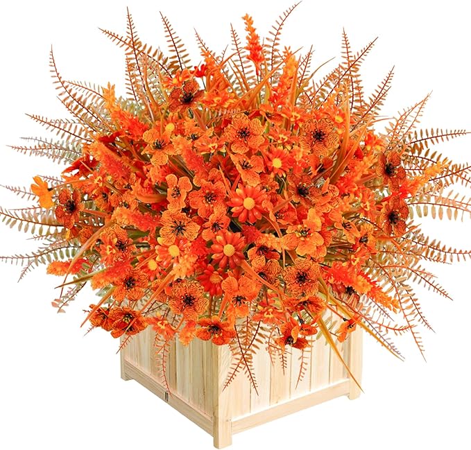 24 Pcs Artificial Fake Fall Flowers UV Resistant Faux Orange Mums Plants Arrangement for Outdoors Home Garden Window Porch Decor