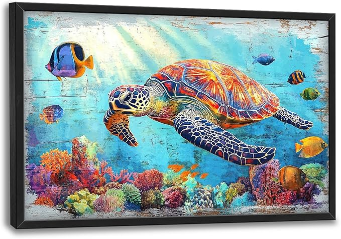 Lovira Sea Turtle Large Wall Art Ocean Coastal Theme Canvas Wall Decor Pictures Prints Painting Framed Home Artwork for Living Room Bathroom Bedroom Kitchen 24"x36"