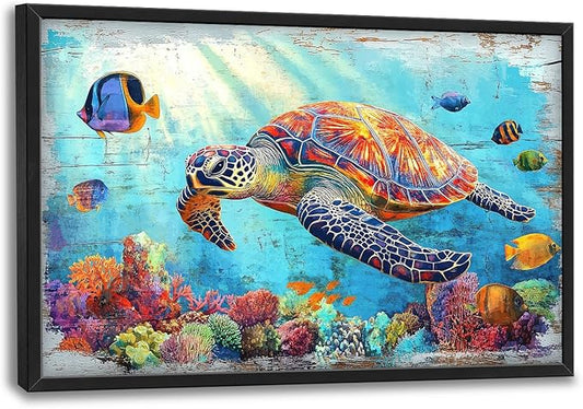 Lovira Sea Turtle Large Wall Art Ocean Coastal Theme Canvas Wall Decor Pictures Prints Painting Framed Home Artwork for Living Room Bathroom Bedroom Kitchen 24"x36"