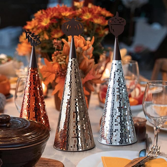 WDHODEC Fall Table Decor Tree 3PCS, Handmade Fall Halloween Table Centerpiece Decorations, Tabletop Disco Ball Tree for Autumn Party, Wedding, Indoor Outdoor Thanksgiving Decor Orange Brown Silver
