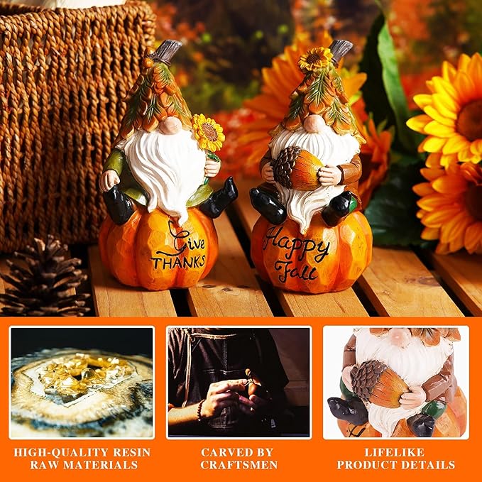 Topadorn Fall Gnomes Decor for Yard Outdoor Set of 2 with Pumpkin and Sunflower- for Thanksgiving and Halloween Home Garden Decorations