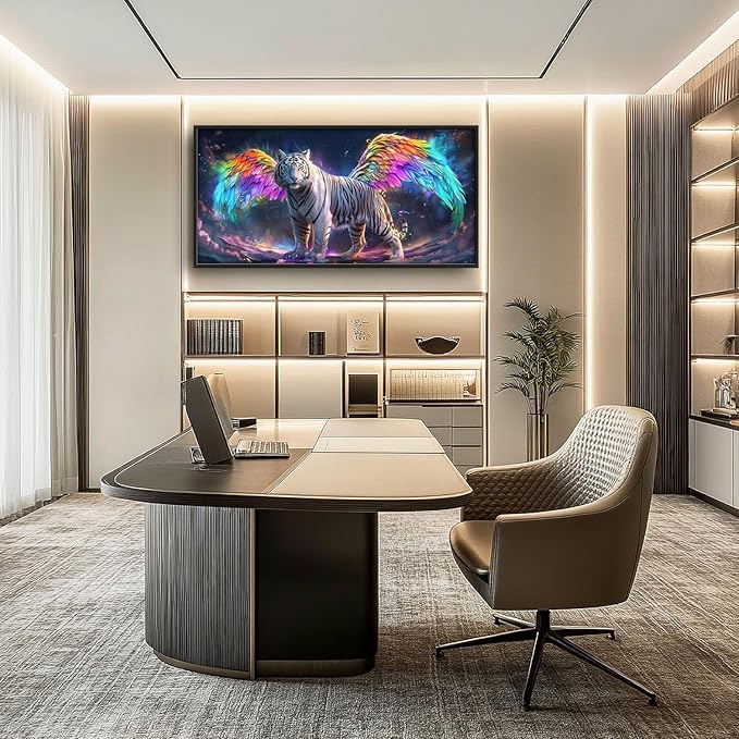 Flintis Large Tiger Wall Art White Tiger Angel Wings Pictures Wall Decor Abstract Animal Canvas Painting Print Artwork Decoration Framed for Living Room Bathroom Master Bedroom Office 60L x 30W