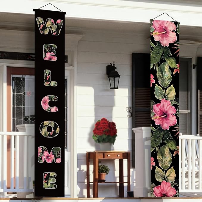 2pcs Welcome Summer Door Banner Hawaiian Porch Banners Sign Floral Summer Hibiscus Front Door Hanging Decor Banner for Seasonal Home Hawaii Tropical Party Outdoor Decorations
