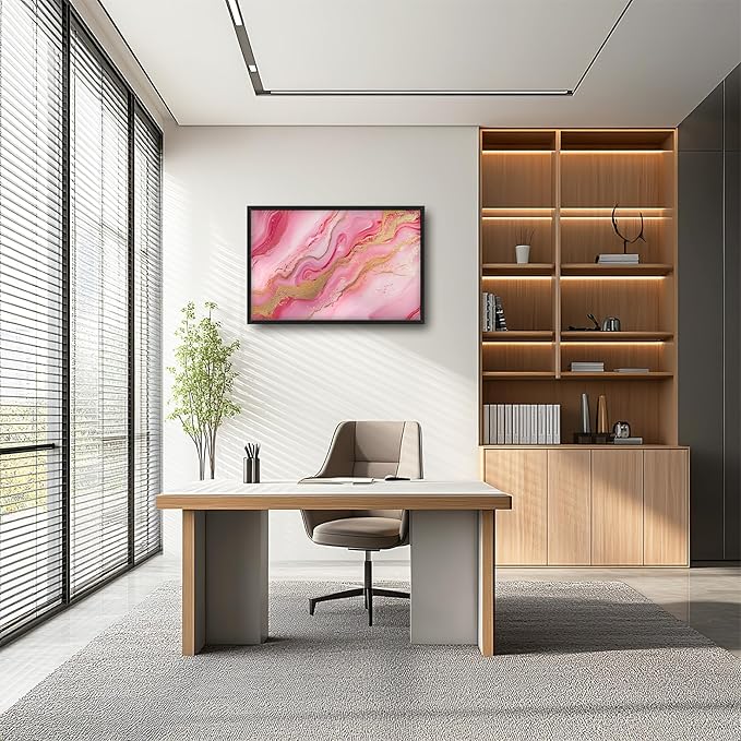 Lovira Abstract Pink Marble Large Wall Art Gold Wave Canvas Wall Decor Pictures Prints Painting Framed Modern Artwork for Living Room Bedroom Bathroom Office 24"x36"