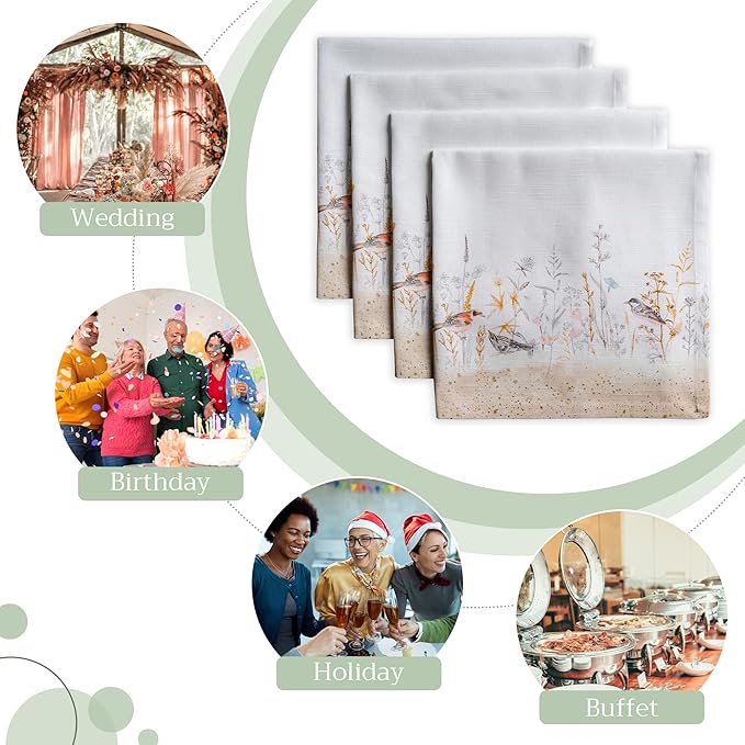 Maison d' Hermine Cloth Napkins Set of 4 100% Cotton Everyday Reusable Square Napkins Cloth Washable, Dinner, Party, Wedding, Restaurant, Spring/Summer (Meadow Florals - Beige, 20" x 20")