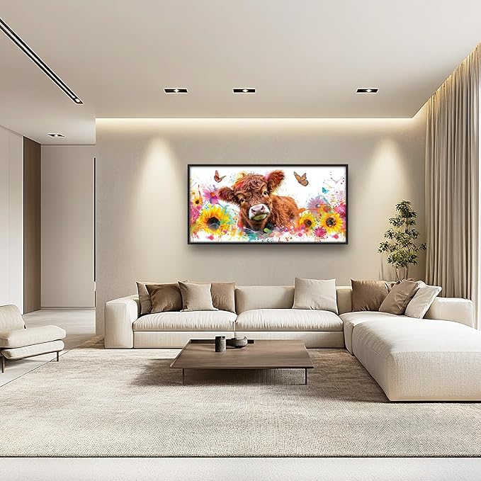 Flintis Large Highland Cow Wall Art Cow Sunflower Pictures Wall Decor Abstract Animal Canvas Painting Print Artworks Decorations Framed for Living Room Bathroom Master Bedroom Office 60L x 30W