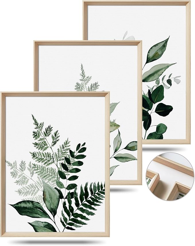 UPWOIGH 12x16 in Green Framed Wall Art, Olive Leaf Plant Canvas Wall Decor, Set of 3 Neutral Botanical Prints Artwork for Living Room and Bedroom, Gift