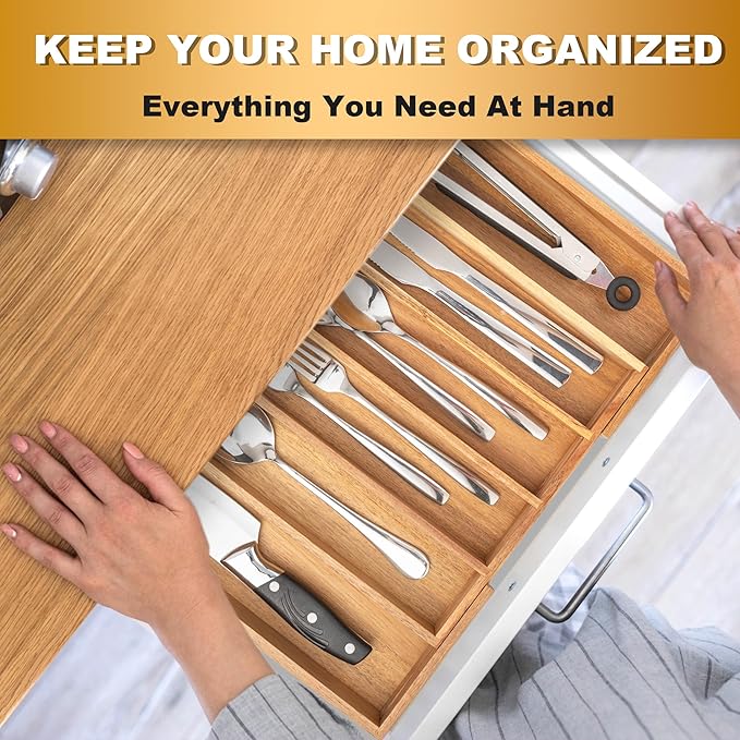Expandable Utensil Organizer Silverware Organizer for Kitchen Adjustable Utensils Holder Acacia Large Flatware Silverware Cutlery in Drawer (7 Slot, Acacia)