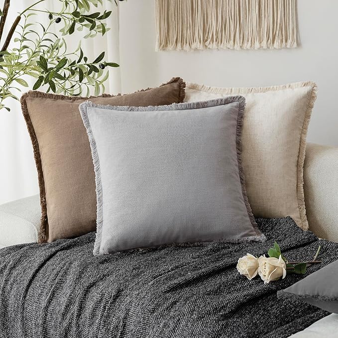 Foindtower Set of 2 Decorative Linen Fringe Throw Pillow Covers Cozy Farmhouse Cushion Cover with Tassels Accent Pillowcase for Couch Bed Living Room Home Bedroom Decor,12×24 Inch,Light Rustic Gray