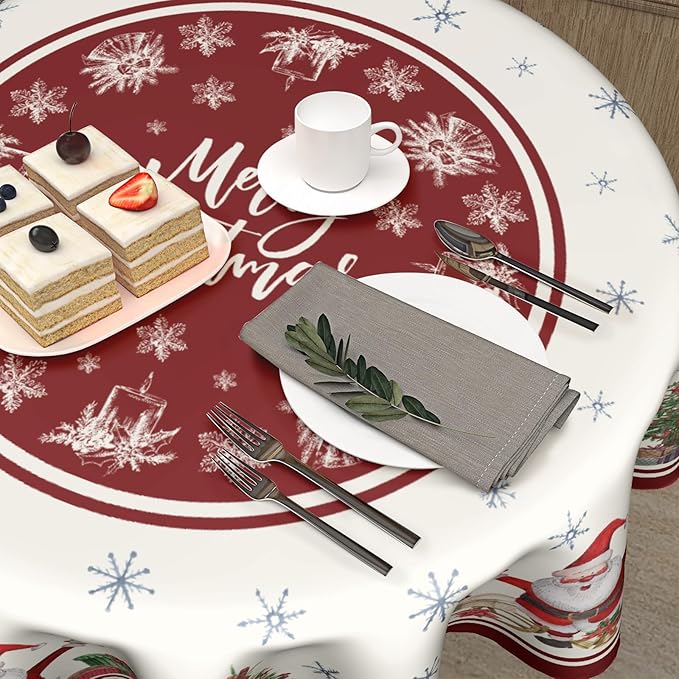 Christmas 60 Inch Round Tablecloth Merry Christmas Trees Round Table Cloth Xmas Santa Decorative Table Cloth Christmas Snowflakes Dining Table Cover for Winter Holiday Farmhouse Party Picnic Decor