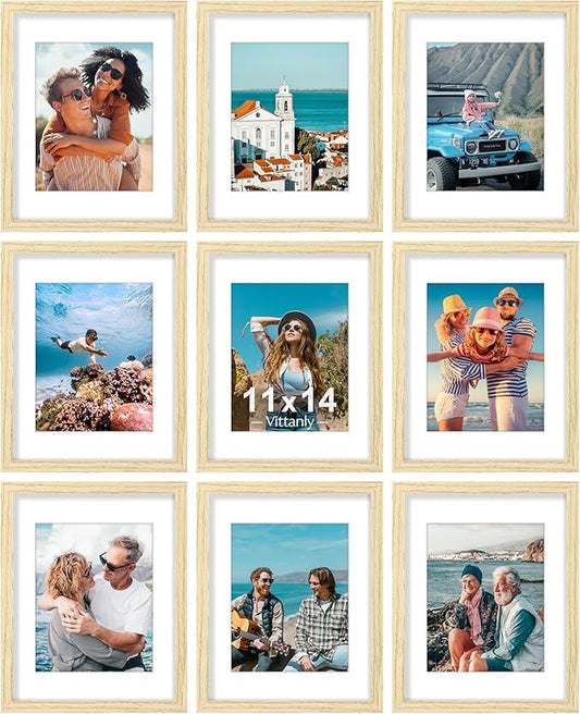 Vittanly 11x14 Picture Frames Set of 9, Shatter Resistant Plexiglass, Display 8x10 Pictures with Mat or 11x14 without Mat, Photo Frames for Wall or Tabletop, Engineered Wood, OAK