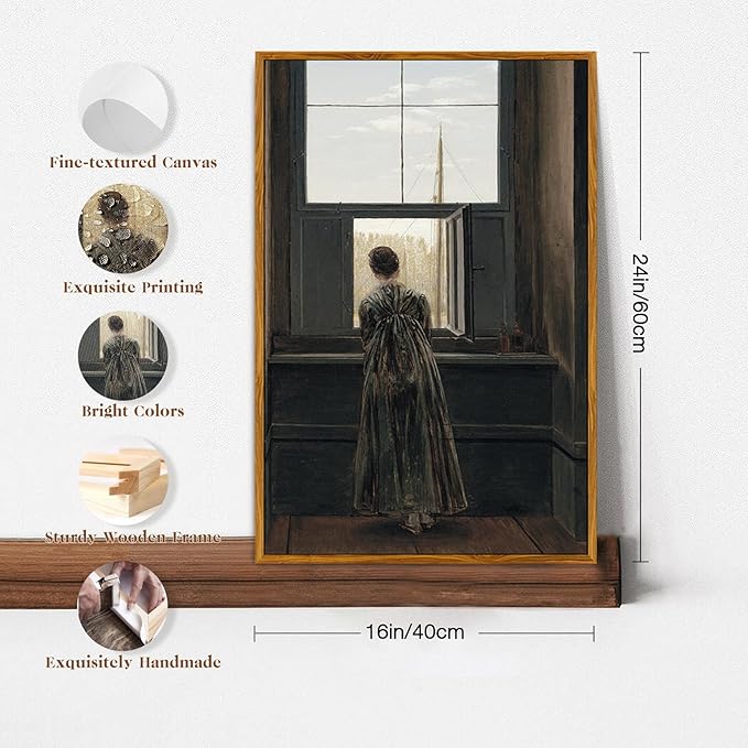 crmotu Framed Canvas Wall Art, Vintage Portrait Paintings Wall Decor, Woman by the Window Dark Art Prints, Retro Lady Back Pictures Rustic Farmhouse Home Decor Living Room Bedroom Bathroom 16x24in
