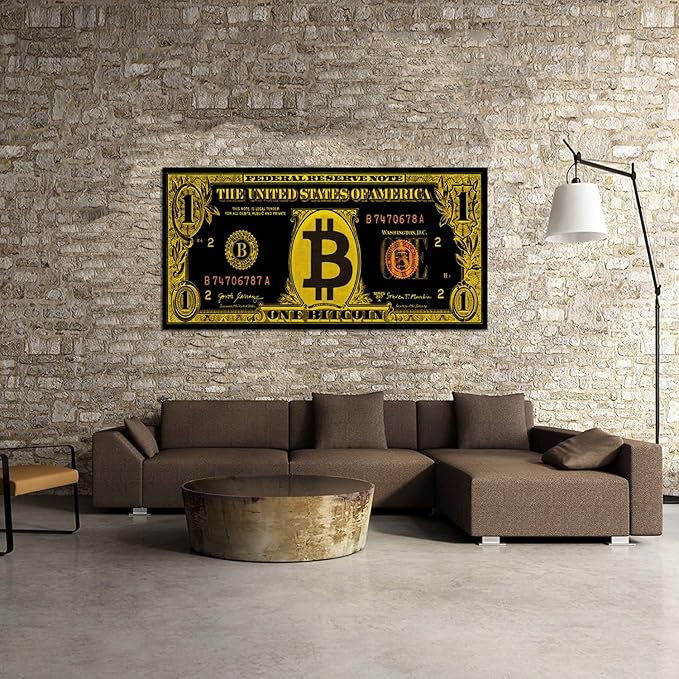 Extra Large Modern Home Living Room Decor Bitcoin Canvas Wall Art Black Golden Retro Money Artwork Poster and Prints Framed Easy to Hang-48x24 inches