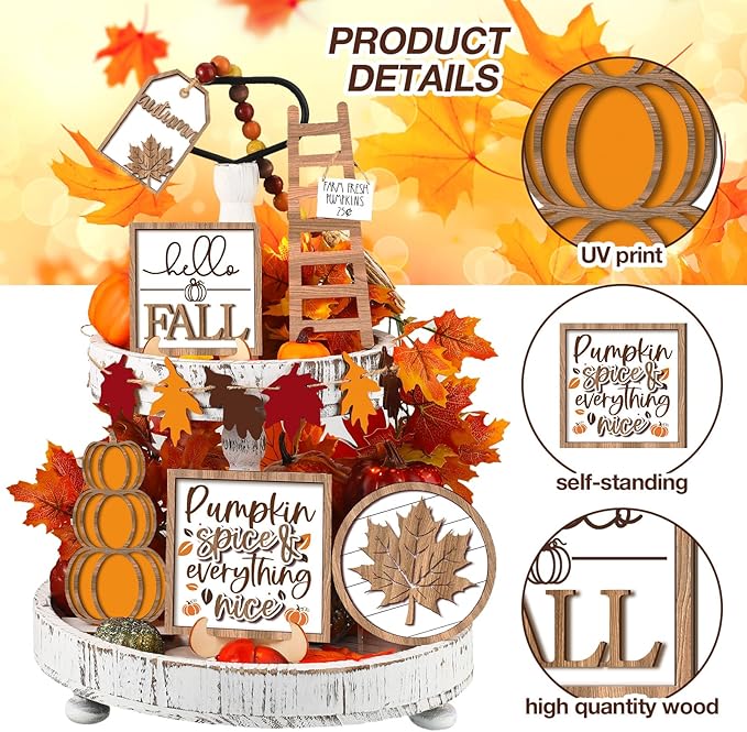 Maitys 13 Pcs Fall Tiered Tray Decor Set Thanksgiving Pumpkin Gnome Rustic Farmhouse Decoration Autumn Decor Autumn Harvest Decorative Trays Wooden Tabletop Signs for Home Kitchen(Rustic Style)