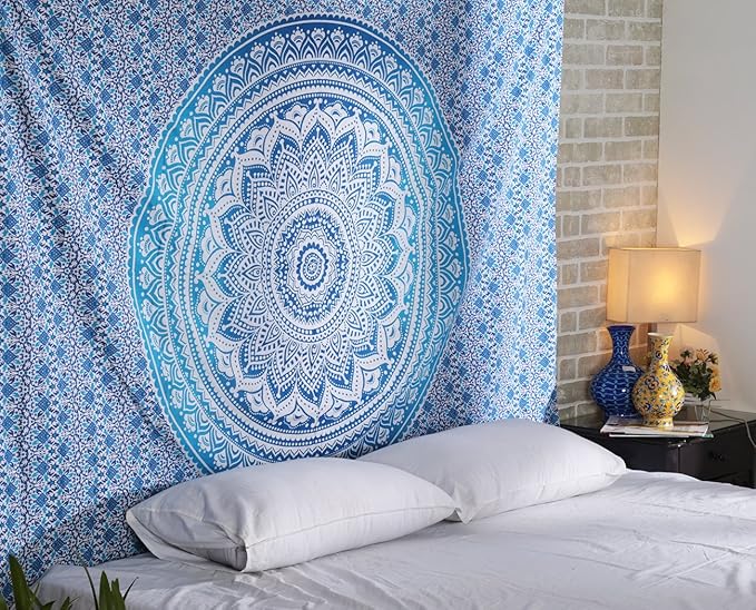 RAJRANG Small Mandala Tapestry for Bedroom and Living Room Bohemian Wall Hanging Cotton Tapestries Blue Ombre 60x50 Inch