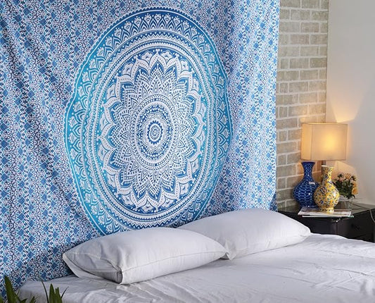RAJRANG Small Mandala Tapestry for Bedroom and Living Room Bohemian Wall Hanging Cotton Tapestries Blue Ombre 60x50 Inch