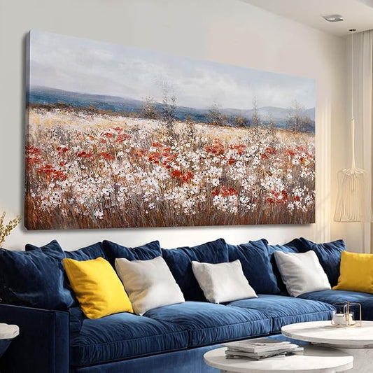 GAIDUOMAI Wildflowers Canvas Art Contemporary Wall Art for Home Blue Sea Wall Decor Large Painting for Living Room Rustic Bedroom Decor 29x58 Inch