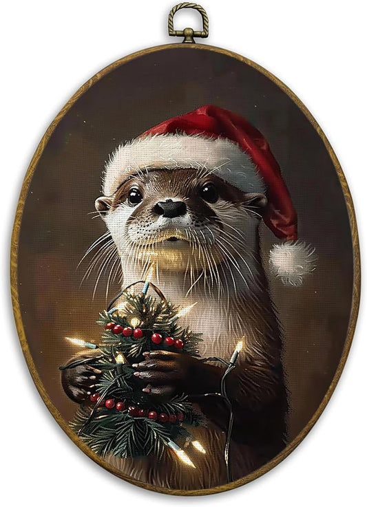 CUANFDDSF Vintage Christmas Otter Oval Wall Art Decor, Dark Academia Santa Otter Wall Hanging Decor, Rustic Holiday Winter Christmas Framed Canvas Prints for Home Bedroom Living Room, 8.6x11.4 Inch