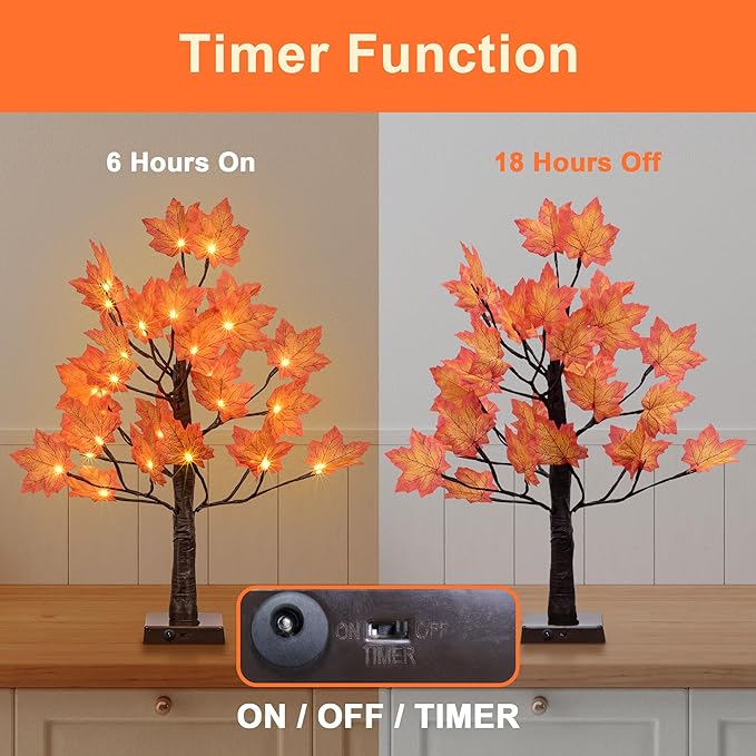 Lightshare 24IN Lighted Maple Tree for Fall Decorations, USB & Battery Operated with Timer Table Lights for Home Party Indoor Outdoor Thanksgiving Autumn Harvest Decor