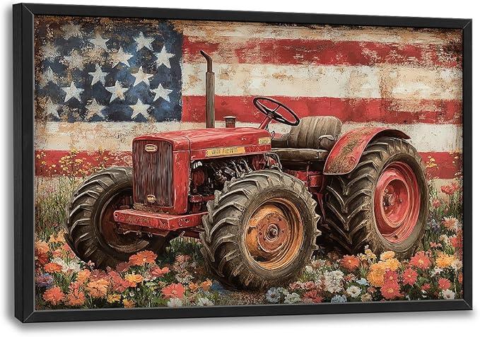Framed Large Wall Art for Living Room, Farmhouse Tractors Canvas Wall Decor, Large Rustic Country Wildflowers Pictures Framed Painting, Natural Landscape Artwork for Bedroom Office Home Decor 36L'' × 24W''