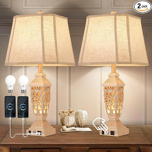 AIDENOEY Farmhouses Table Lamp with USB & USB-C Charging Ports, 3-Color Dimmable & Stepless Bottom Dimming, Touch Control & Switch, Vintage Bedside Lamp for Bedroom Living Room Office,(27.5" high)