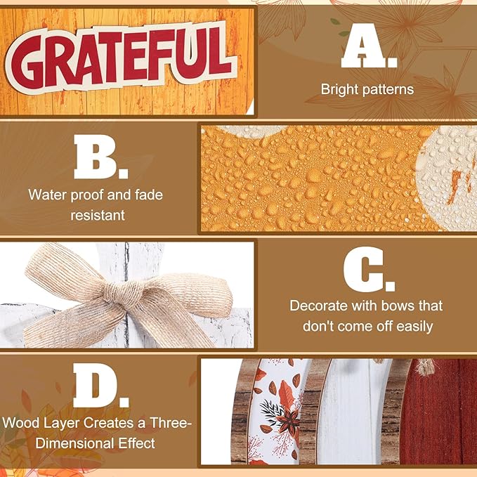 Bucherry 5 Set Fall Porch Decoration Pumpkin Wood Porch Standings Thankful Grateful Blessed Hello Fall Welcome Sign Decor with Base for Thanksgiving Festival Home Front Door Garden(Orange Style)