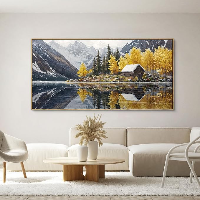 KLAKLA Living Room Wall Art - Tranquil Lake Cabin Orange Tree Forest Snowy Mountain Canvas Wall Decor Oversize Landscape Picture Framed Artwork for Bedroom Office Walls Home Decoration 58x29 Inches