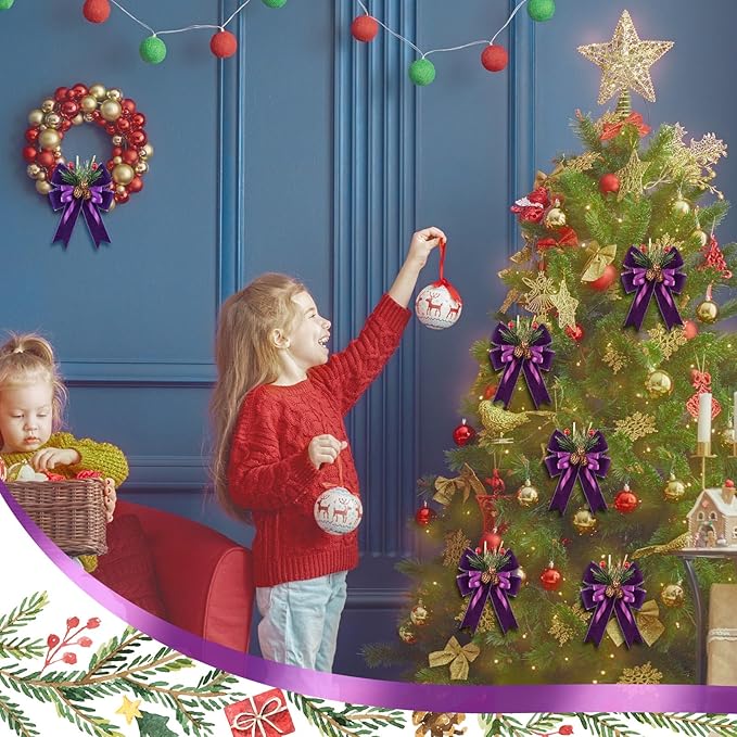 Syhood 6 Pcs Christmas Bows with Pine Cones Pine Needles Xmas Velvet Bows Purple Velvet Ribbon Christmas Tree Wreath Decoration for Xmas Parties Indoor Outdoor Crafts DIY Decor