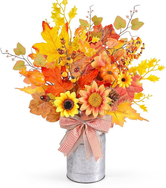 15.7" H Fall Table Decor Centerpiece Rustic Metal Vase with Artificial Pumpkin Pinecone Sunflower Berry Maple Leaf Autumn Harvest Floral Arrangement Decoration for Home Kitchen Autumn Thanksgiving