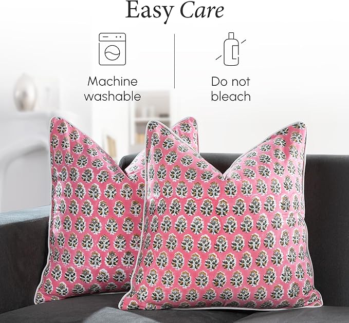 CPC 100% Cotton Throw Pillow Covers 20x20 Inch, Set of 2 Green Block Print Pattern Couch Pillow, Cute Boho Decorative Pillows for Living Room, Bedroom with Hidden Zipper- Poppy Pink