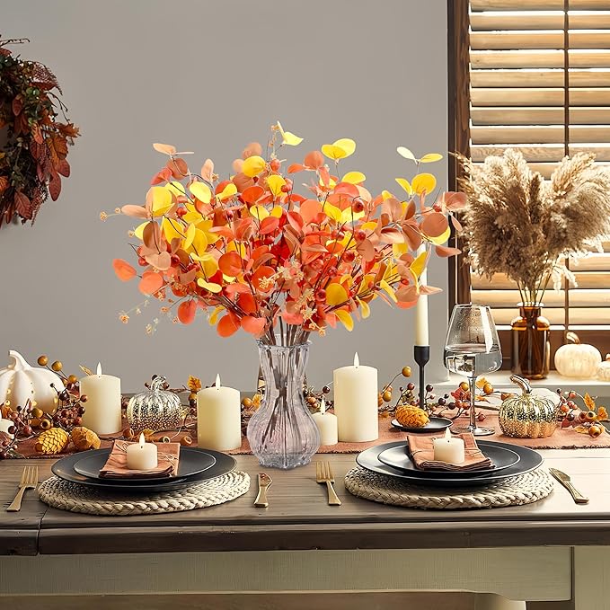SITUMEIZI 6 Pcs Fall Stems Eucalyptus Artificial Fall Leaves Tall Autumn Decor 24" Foam Leaf Branches for Fall Halloween Thanksgiving Decoration Floral Arrangements