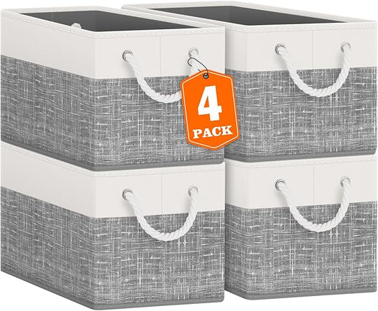 Fab totes Storage Bins [4-Pack], Foldable Storage Baskets for Organizing Toys, Books, Shelves, Closet, Large Storage Box with Rope Handles, Sturdy Organizer Bins, White & Grey