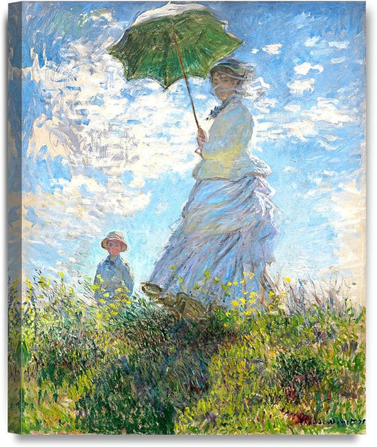 DECORARTS - The Walk, Woman with a Parasol (1875), Claude Monet Art Reproduction. Giclee Canvas Prints Wall Art for Home Decor 20x16