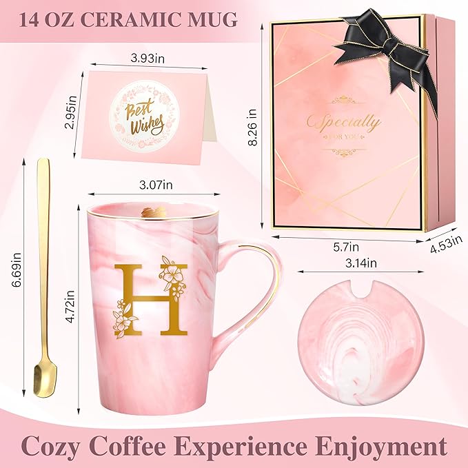 Personalized Ceramic Coffee Mug Gifts for Women, 14 Oz Pink Initial Customized Gift Coffee Mug with Lid, Birthday Christmas Mother's Day Gifts for Her Wife Mom Grandma Friend Sister Unique,H