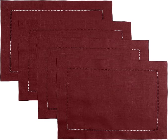 D'Moksha Homes Linen Placemats Set of 4 - Classic Hemstitch Dark Red Placemats 14 x 19 Inch - 100% Pure Linen Table Mats for Fall, Autumn and Halloween - Handcrafted and Machine Washable