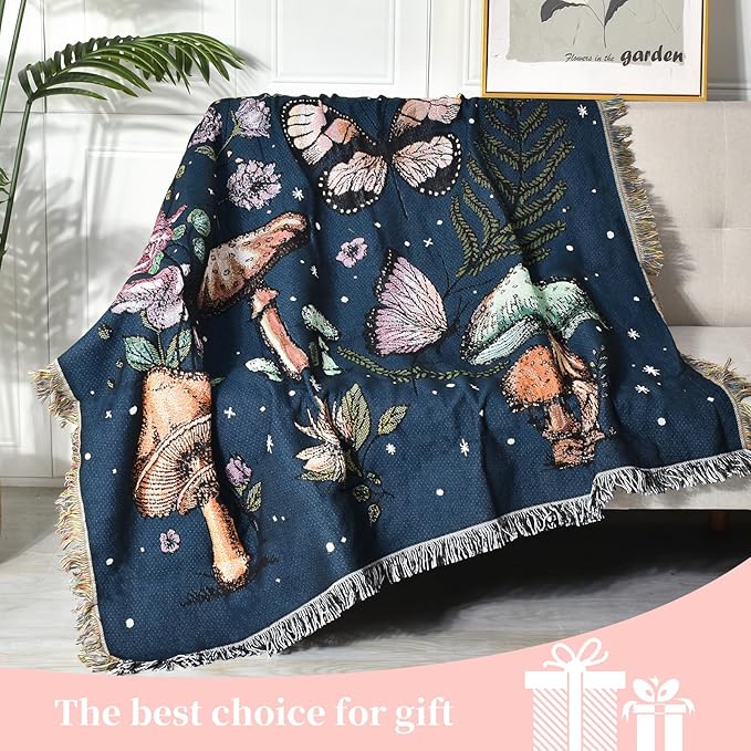 Boho Throw Blanket Reversible Cotton Bohemian Tapestry Hippie Room Decor Double Sided (Mushroom 50"x60")