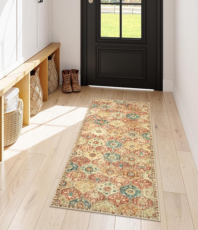 Lahome Moroccan Trellis Hallway Rug, 2x5 Washable Runner Rug Non Slip Kitchen Runners for Hallways, Ultra-Thin Vintage Carpet for Bedroom Bathroom Entryway, Red/Orange