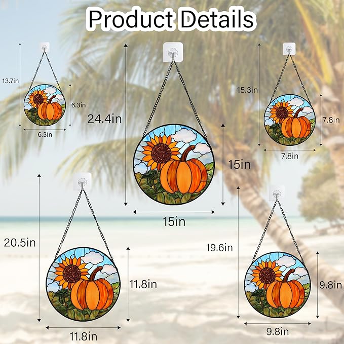 Stained Glass Window Hanging Fall Farm Scenery Sunflower Pumpkin Large 11.8" - Suncatcher Door Garden Kitchen Sunroom Sun Catcher Home Decor Birthday for Mom Grandma Men Woman
