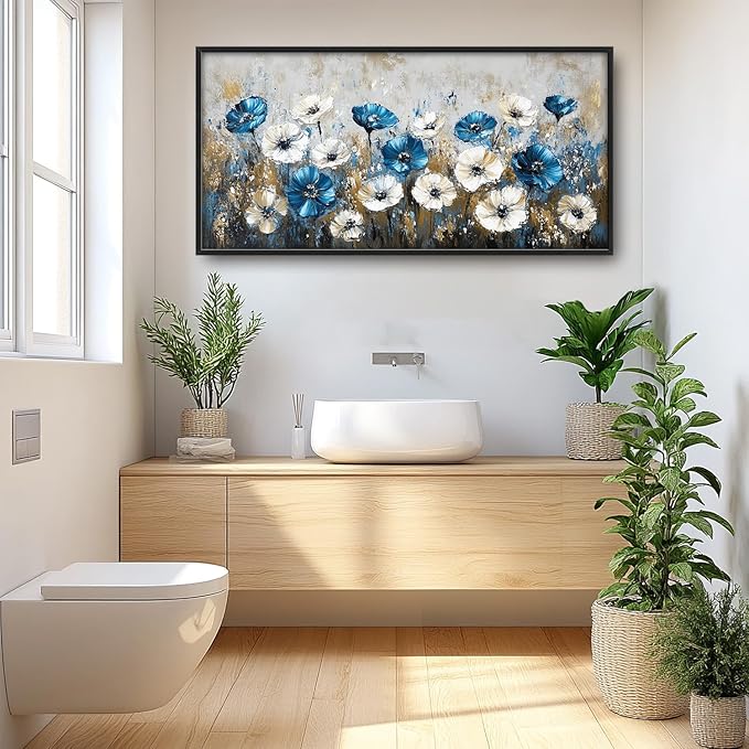 Flintis Large Blue and White Flowers Framed Wall Art Floral Pictures Wall Decor Abstract Landscape Canvas Painting Print Artworks Decor Framed for Living Room Bathroom Master Bedroom 60L X 30W