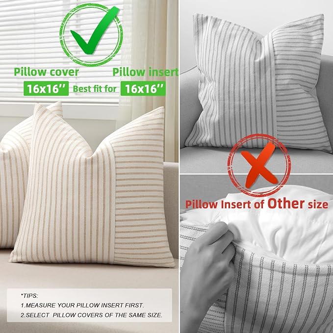 Farmhouse Pillow Covers 16x16, Modern Accent Square Throw Pillow Covers Set of 2, Khaki and Beige Striped Patchwork Linen Decorative Pillows Cushion Covers for Couch Chair Bedroom Fall Decorations