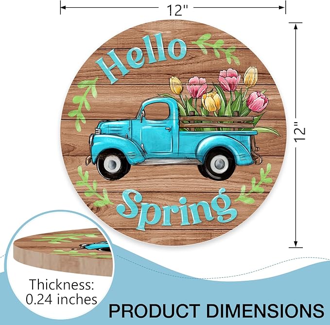 Deroro Hello Spring Blue Truck Sign for Front Door Decor, Tulip Flowers Pickup Wood Door Hanger for Outdoor Outside Porch, Rustic Farmhouse Wooden Wreath Indoor Wall Hanging Decoration