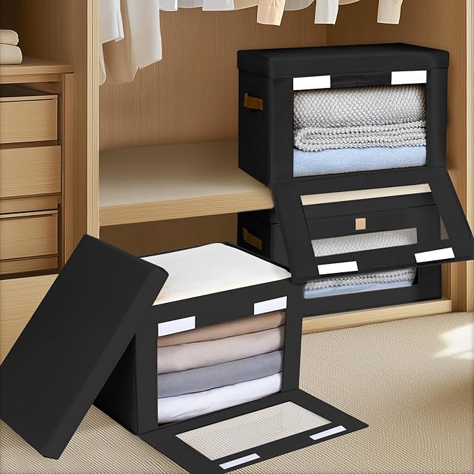 Collapsible Storage Bins - Large Stackable Organizer Bins, Decorative Boxes with Handles & Window, Fabric Containers for Living Room, Closet, Dorm, 2 Pack, Black