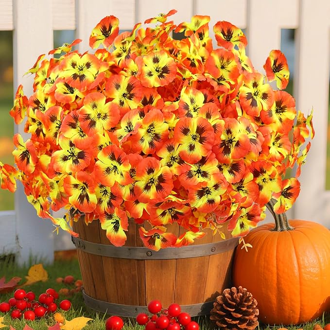 16 Bundles Artificial Fall Flowers for Outdoors, Realistic No Fade Fake Silk Flowers, Faux Fall Plants for Outside Planters, Porch, Patio, Garden Decor(Sunset)